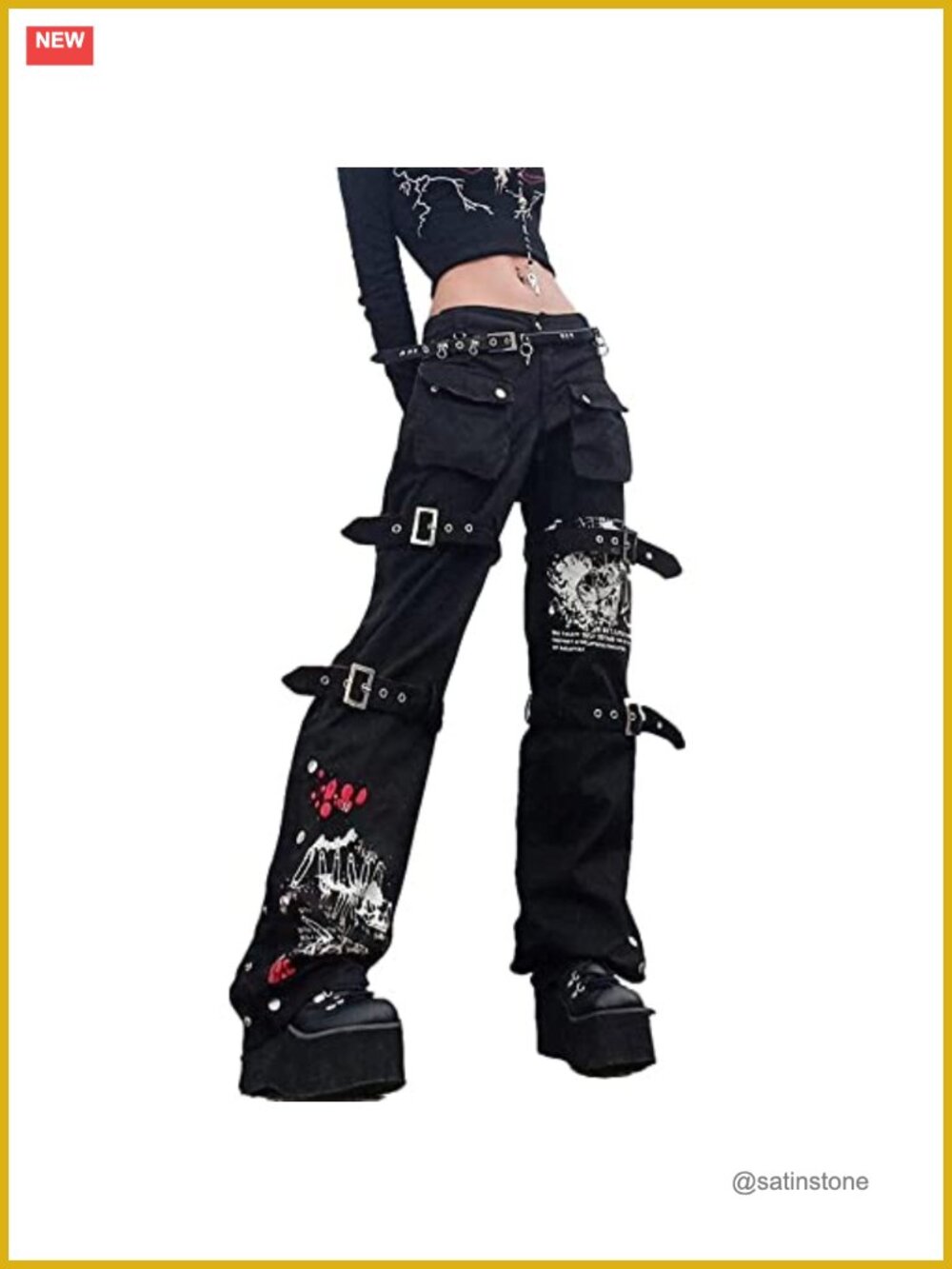 Gothic Patchwork Black Jeans Punk Grunge Aesthetic Autumn Emo Printed